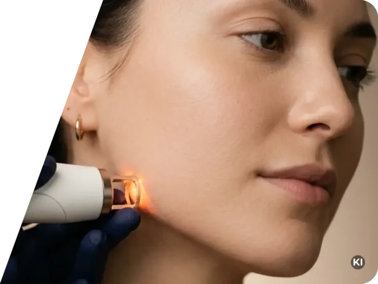 Nahaufnahme einer Frau, die eine Laserbehandlung an der Wange erhält, wobei ein Gerät mit orangefarbenem Licht von einer Person mit blauen Handschuhen gehalten wird