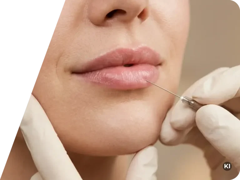Nahaufnahme eines Mundbereichs einer Person mit leicht geöffneten Lippen, in den eine mit Handschuhen gehaltene Spritze eingeführt wird