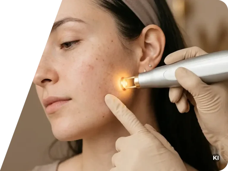 Frau mit dunklen Haaren erhält in einer Hautarztpraxis eine Behandlung gegen Hyperpigmentierung an der Wange mit einem weißen Handgerät, das ein gelbes Licht ausstrahlt, während eine Hand mit medizinischem Handschuh die Haut berührt