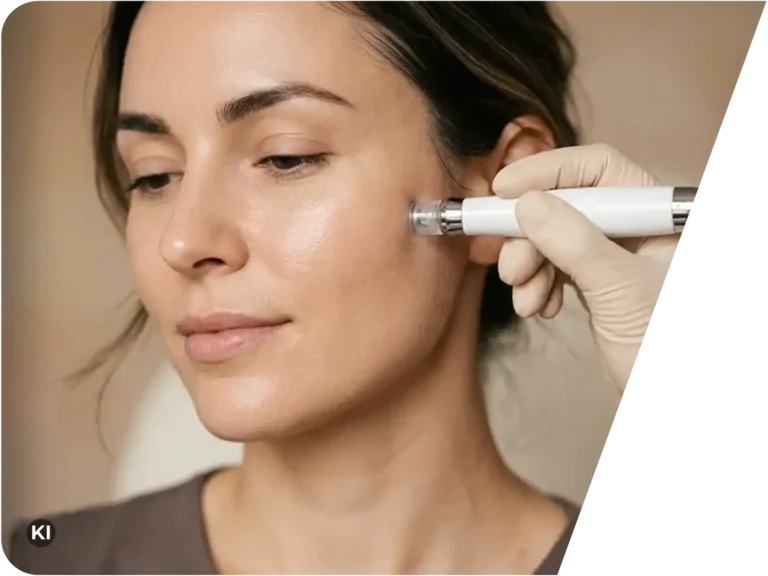 Frau mit geschlossenen Augen erhält Microdermabrasion an der Wange durch eine mit Handschuhen ausgestattete Hand in einer Hautarztpraxis